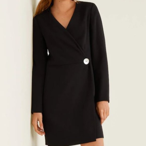 SOLD Black Mini Wrap Dress Small with Button - Picture 2 of 5